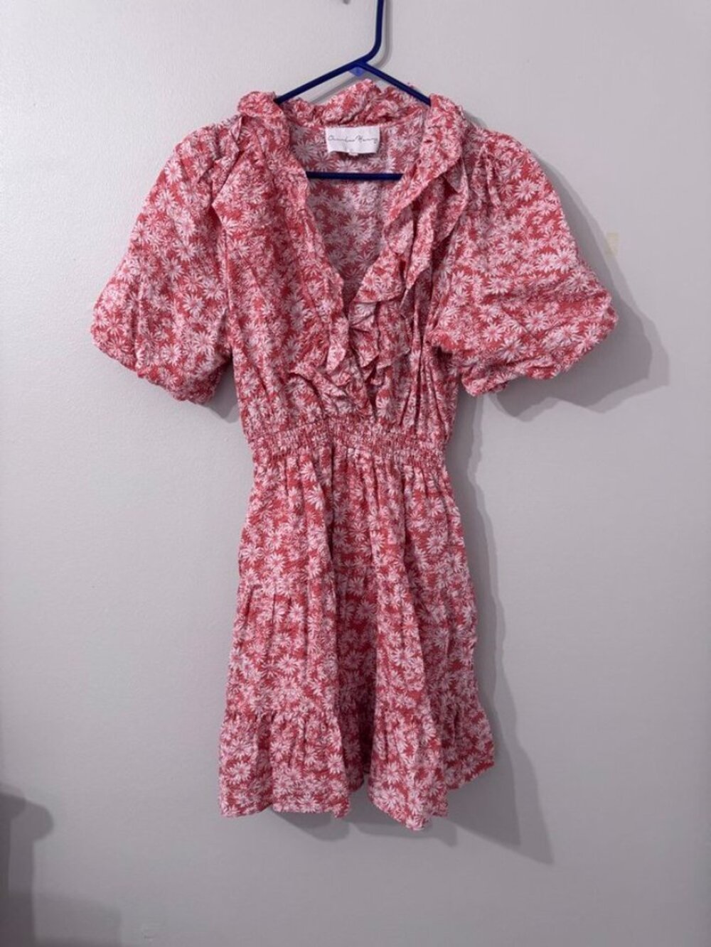 Charles Henry Pink White Floral Puff Sleeve Smocked Waist Mini Dress